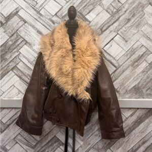 Brown Vegan Leather Jacket with Faux Fur Collar